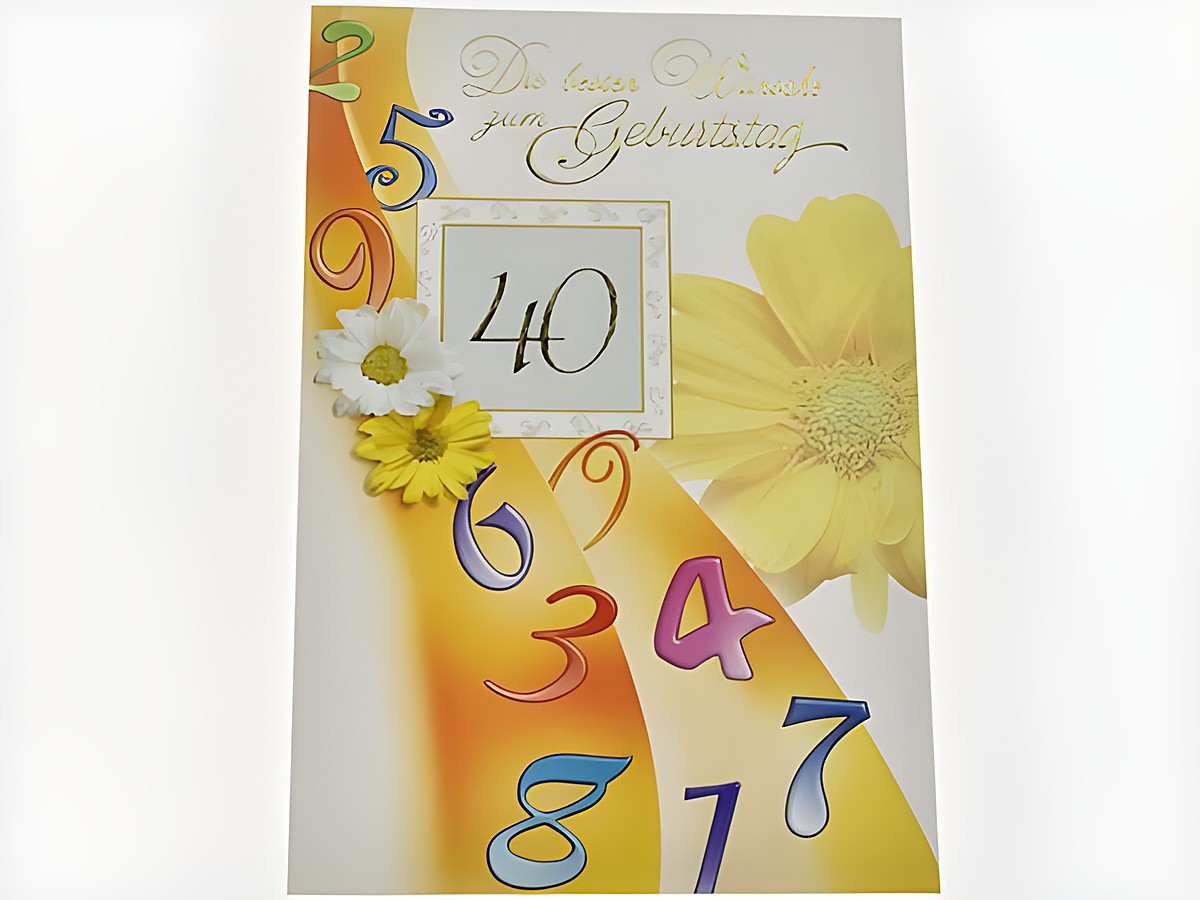 Die Geburtstagskarte zeigt bunte Zahlen und gelbe Blumen mit der Aufschrift 40. Hersteller ist Juwelier Harnisch, ideal für Geburtstags祝福.