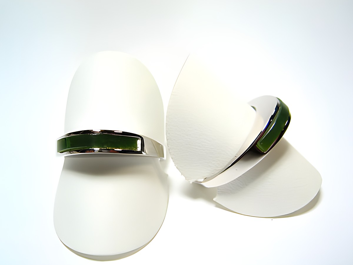 Silber Designer Ring rhodiniert mit einer grünen Jade, Hersteller Juwelier Harnisch, verstellbarer Ring, auf weißen Ringhaltern präsentiert, elegant und modern.