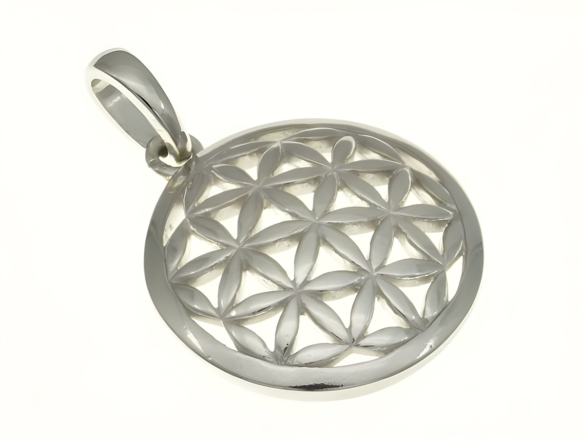 Runder Anhänger mit Blumenmuster aus rhodiniertem Sterling Silber, Hersteller Juwelier Harnisch, ideal für diverse Anlässe und als Schmuckstück.