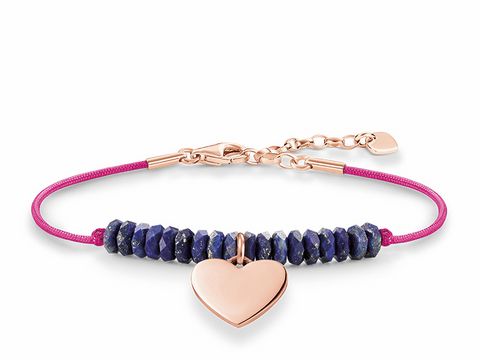 Silbernes Armband von Thomas Sabo mit rosegoldenem Anhänger in Herzform, verziert mit lapisfarbenen Steinen und einem pinken Band, verstellbar von 16,5 bis 19,5 cm.