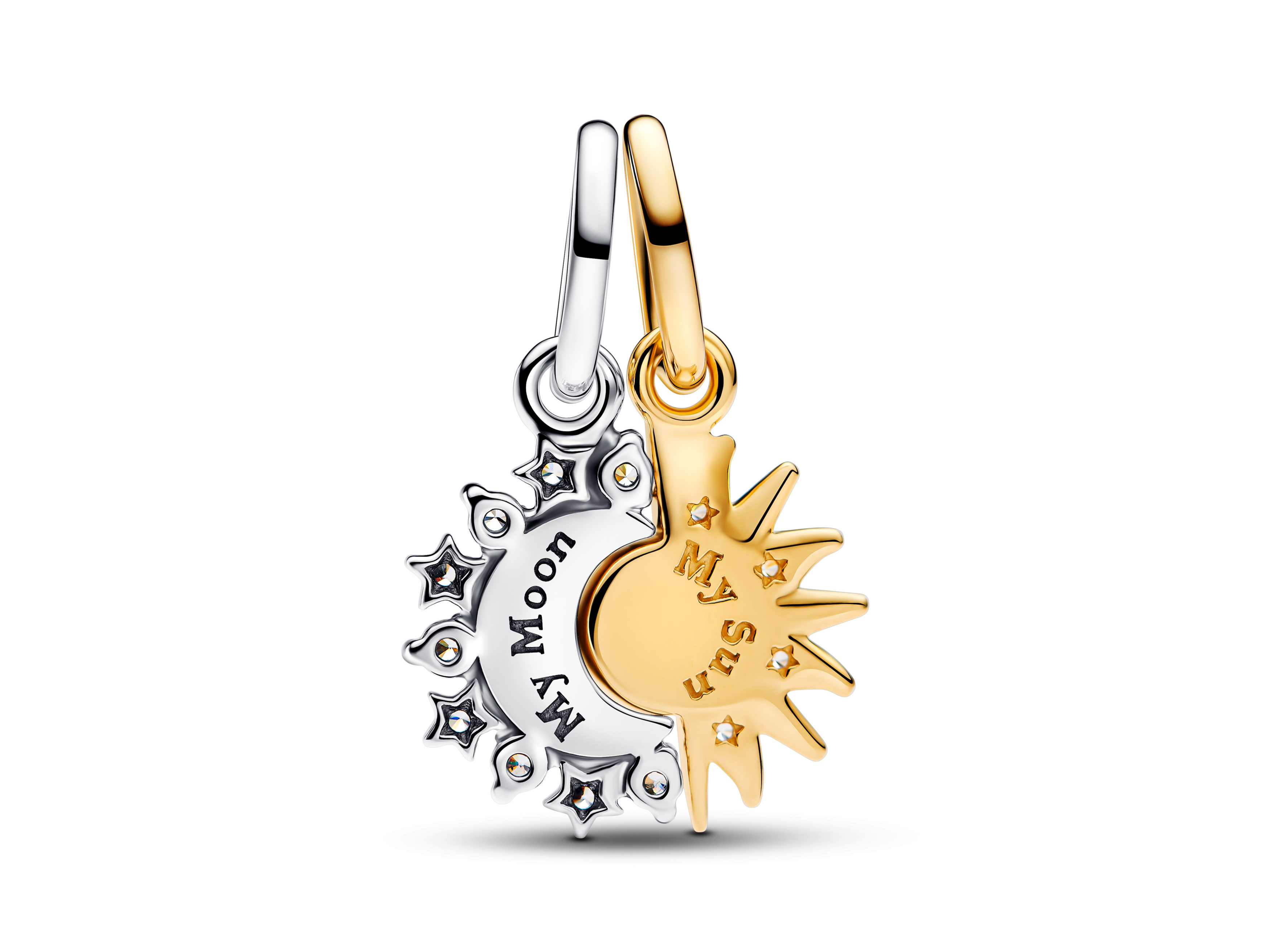 Teilbarer Anhänger von Pandora in Silber und vergoldetem Gold, gestaltet als Sonne und Mond, mit klaren Zirkonia verziert und den gravierten Texten My Sun und My Moon.