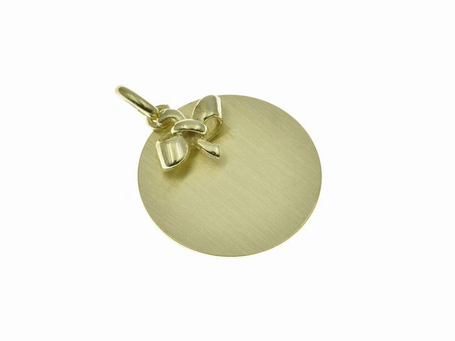 Echter Gold Anhänger 333 20x18 mm mit runder Gravurplatte und dekorativer Schleife, hergestellt von Juwelier Harnisch, ideal für personalisierte Gravuren.