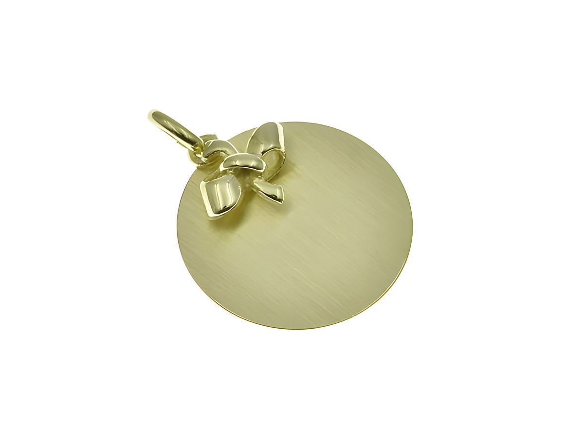 Echter Gold Anhänger 333 20x18 mm mit runder Gravurplatte und dekorativer Schleife, hergestellt von Juwelier Harnisch, ideal für personalisierte Gravuren.