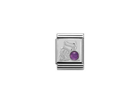 Sternzeichen Wassermann Charm von Nomination BIG aus Sterling Silber mit einer gravierten Wassermann-Symbolik und einem lila Stein, ideal für die persönliche Schmuckkollektion.