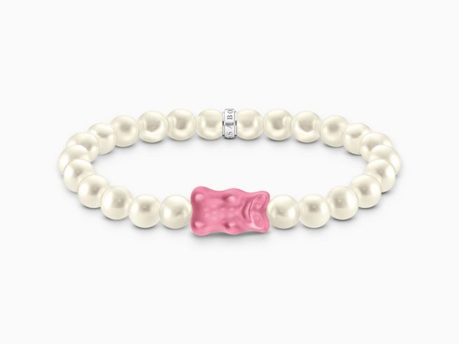 Armband von Thomas Sabo A2154-082-9-L15 mit HARIBO Gummibärchen in Rosa-Pink und silbernen Zuchtperlen, Gesamtlänge 15 cm, erweiterbar bis 16 cm.