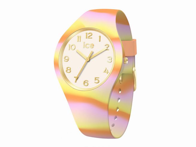 Ice Watch Uhr 022599 in der Ausführung ICE tie and dye Pink Honey Small mit einem bunten, sanften Farbverlauf und einem goldenen Ziffernblatt, ideal für einen modischen Akzent.