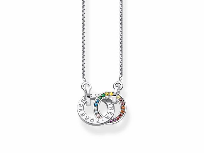 Silberne Kette von Thomas Sabo mit zwei geschwungenen Ringen, einer mit dem Schriftzug Forever, besetzt mit bunten Zirkonia Steinen, Länge 50 bis 55 cm.