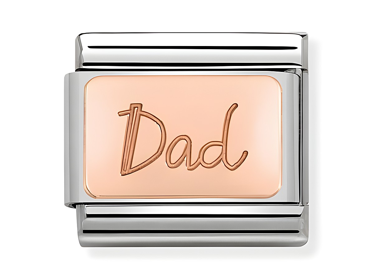 Nomination 430101 32 Dad Platte aus Roségold Classic, mit eingraviertem Schriftzug Dad und umgeben von einem silbernen Rahmen, ideal für personalisierte Armbänder.