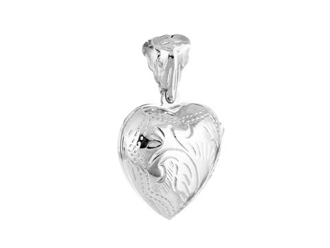 Medaillon Herz gewölbt aus Silber, verziert mit floralen Mustern, hergestellt von Juwelier Harnisch, ideal als Schmuckstück für besondere Anlässe oder als Geschenk.