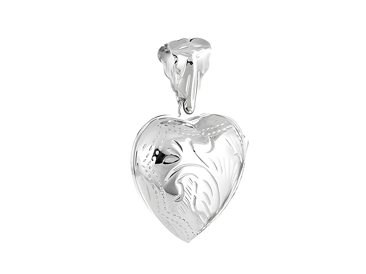 Medaillon Herz gewölbt aus Silber, verziert mit floralen Mustern, hergestellt von Juwelier Harnisch, ideal als Schmuckstück für besondere Anlässe oder als Geschenk.