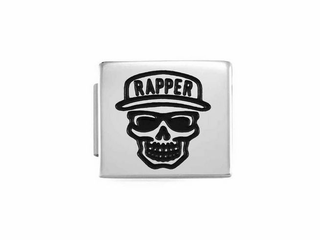 Schädel mit Sonnenbrille und Cap, darauf steht das Wort RAPPE, aus Edelstahl, von Nomination, Teil der 230109 14 GLAM SYMBOLE Kollektion.
