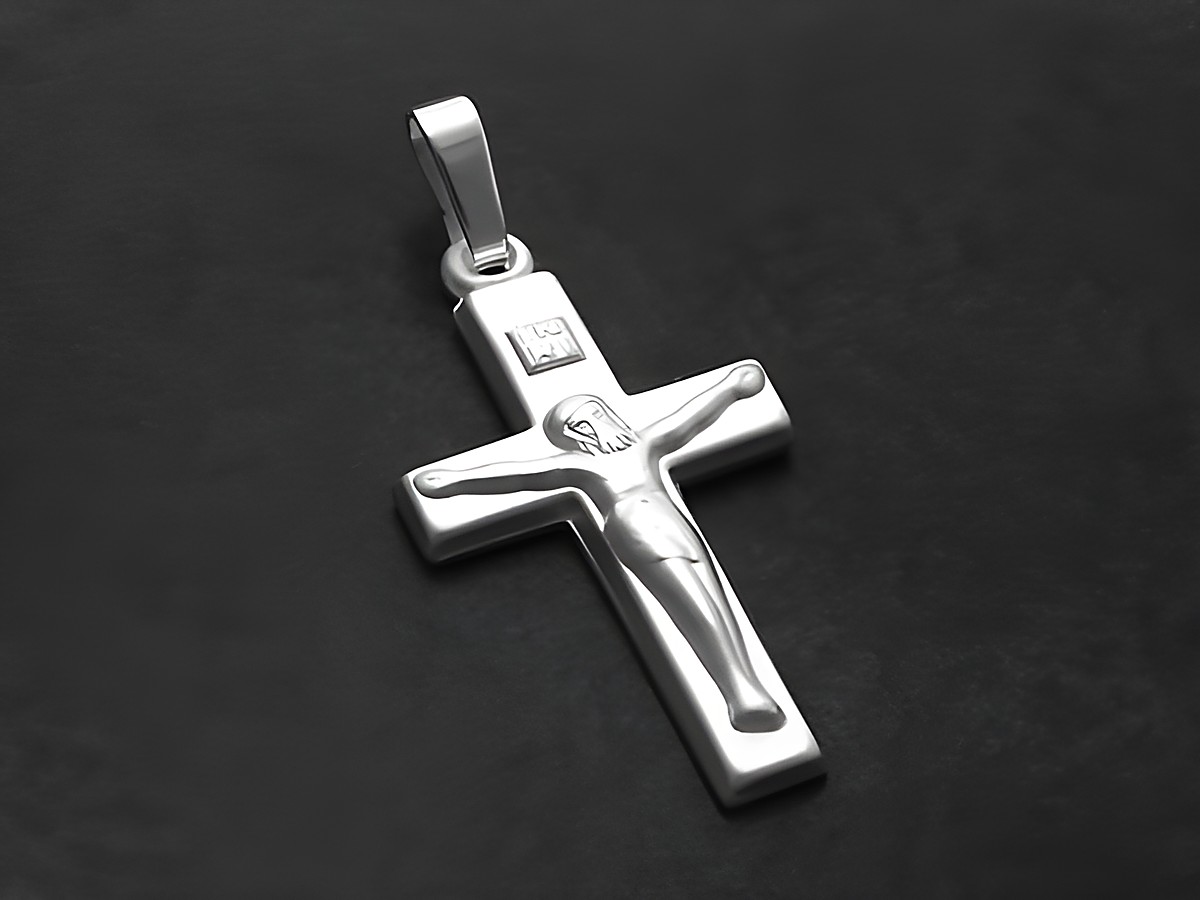 Kreuz Anhänger aus Sterling Silber mit Jesusfigur, Hersteller Juwelier Harnisch, kunstvoll verarbeitet, ideal als Schmuckstück oder Geschenk, symbolträchtig und elegant.