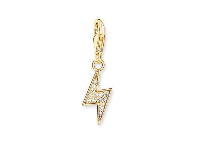 Charm-Anhänger Blitz von Thomas Sabo aus vergoldetem Sterling Silber mit weißen Zirkonia. Bicolor-Design in Gelbgold. Elegantes Accessoire für individuelle Schmuckstücke.