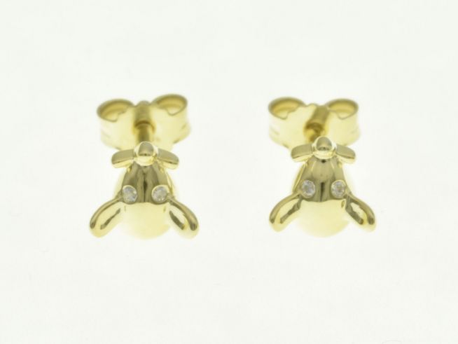 Maus Ohrstecker in Gelbgold 333 mit Zirkonia von Juwelier Harnisch. Die Ohrringe zeigen ein niedliches Mausdesign und sind mit kleinen Zirkonia besetzt.