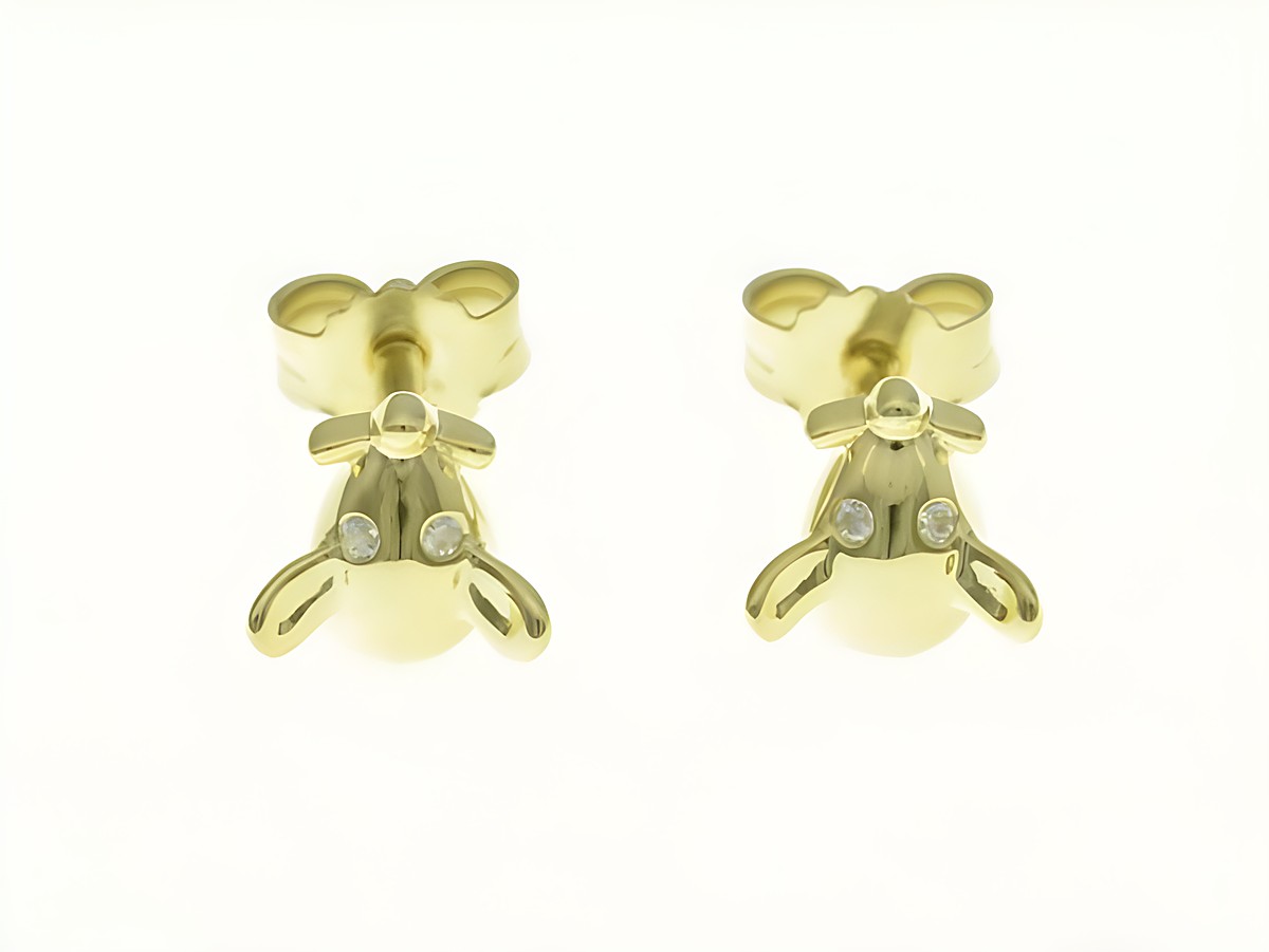 Maus Ohrstecker in Gelbgold 333 mit Zirkonia von Juwelier Harnisch. Die Ohrringe zeigen ein niedliches Mausdesign und sind mit kleinen Zirkonia besetzt.