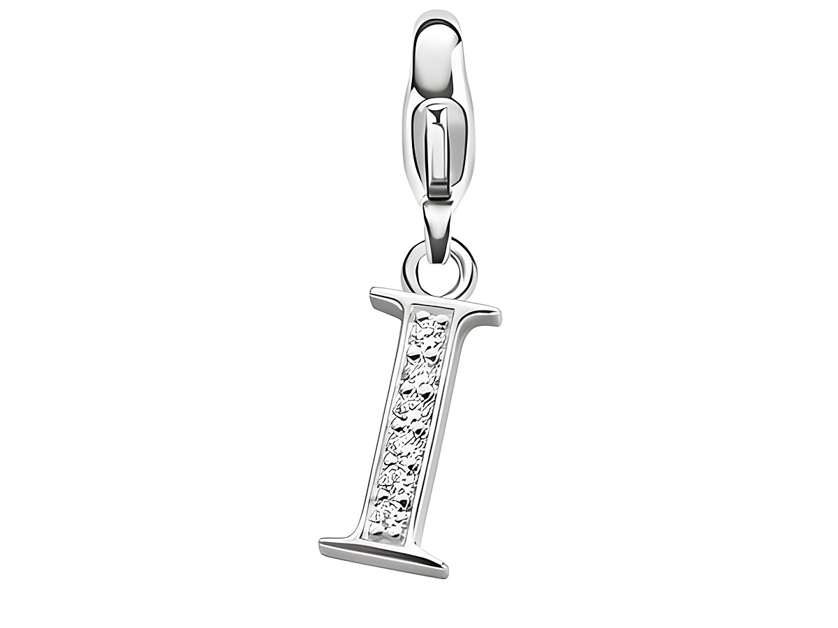 Silberner Charm in Form des Buchstabens I, besetzt mit glitzernden Steinen, Hersteller Ti Sento, ideal für personalisierte Schmuckstücke.