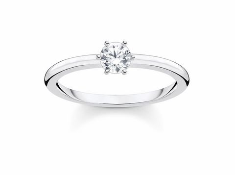 Ring von Thomas Sabo TR2313-051-14-56 in Größe 56 aus Silber mit klarem Zirkonia. Der Ring hat einen schlichten, eleganten Stil mit einem runden, funkelnden Stein in der Mitte.