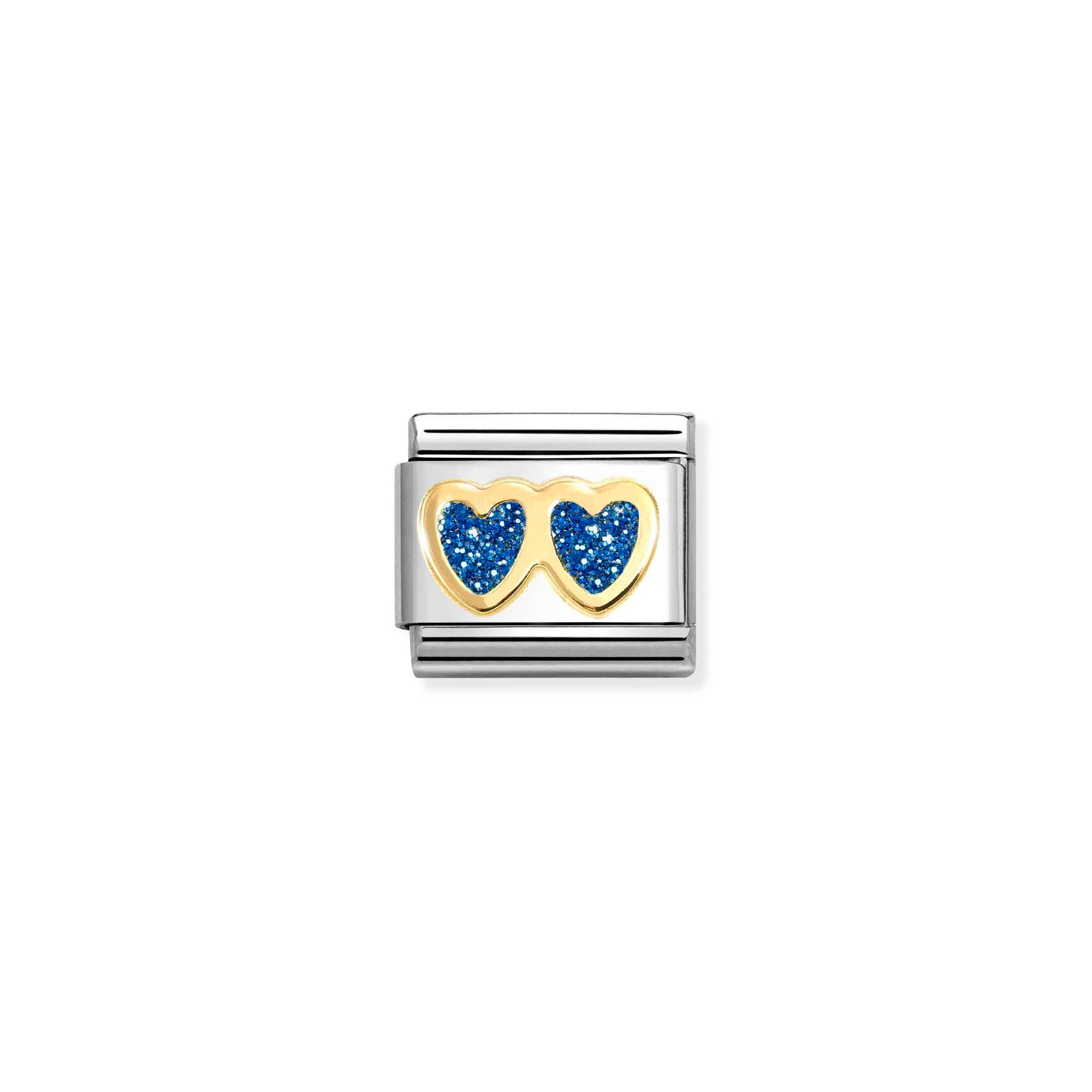 Nomination Composable Classic Charm Doppelherz blau - Edelstahl, Gold 750 Gelbgold, Zirkonia
