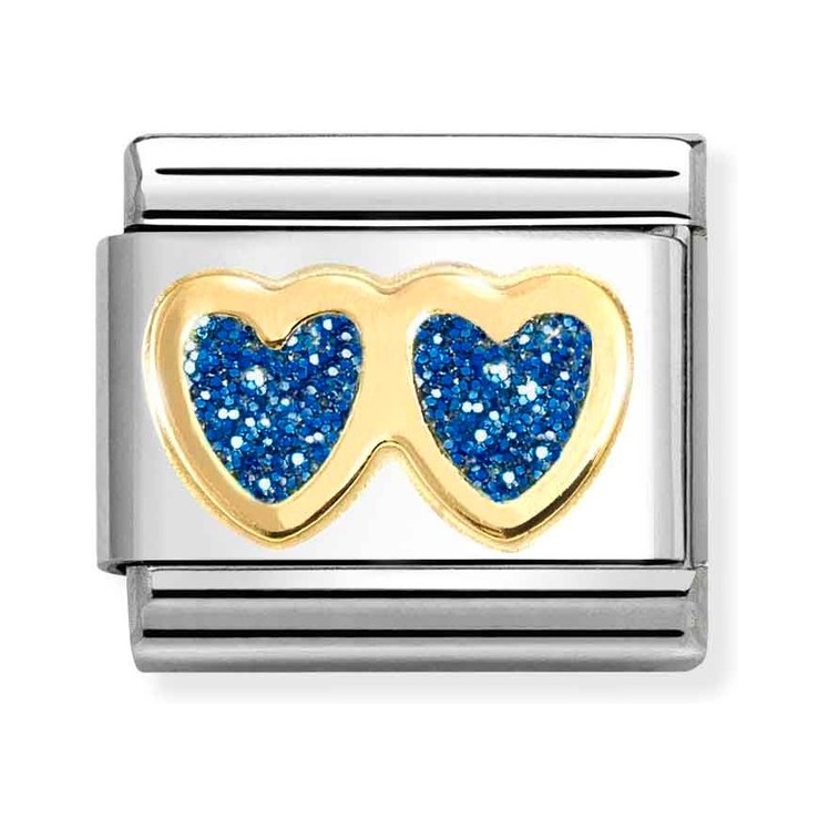 Nomination Composable Classic Charm Doppelherz blau - Edelstahl, Gold 750 Gelbgold, Zirkonia