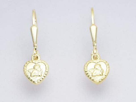 Goldohrringe in Herzform aus 333 Gold mit Engel-Hänger, Hersteller Juwelier Harnisch, Ohrhänger ohne Stein. Stylische und elegante Damenschmuckstücke.