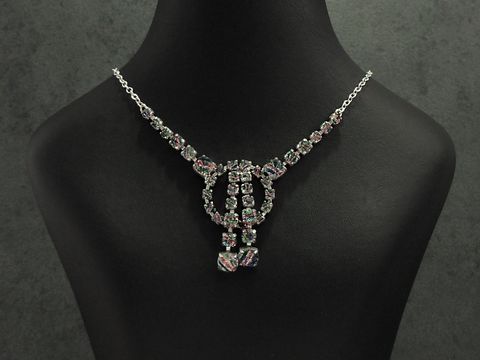 Strass Collier Kette von Juwelier Harnisch, bunt und interessant, aus Sterling Silber mit silberfarbenem Finish, Länge 38-45 cm, elegant gestaltet mit funkelnden Strasssteinen.