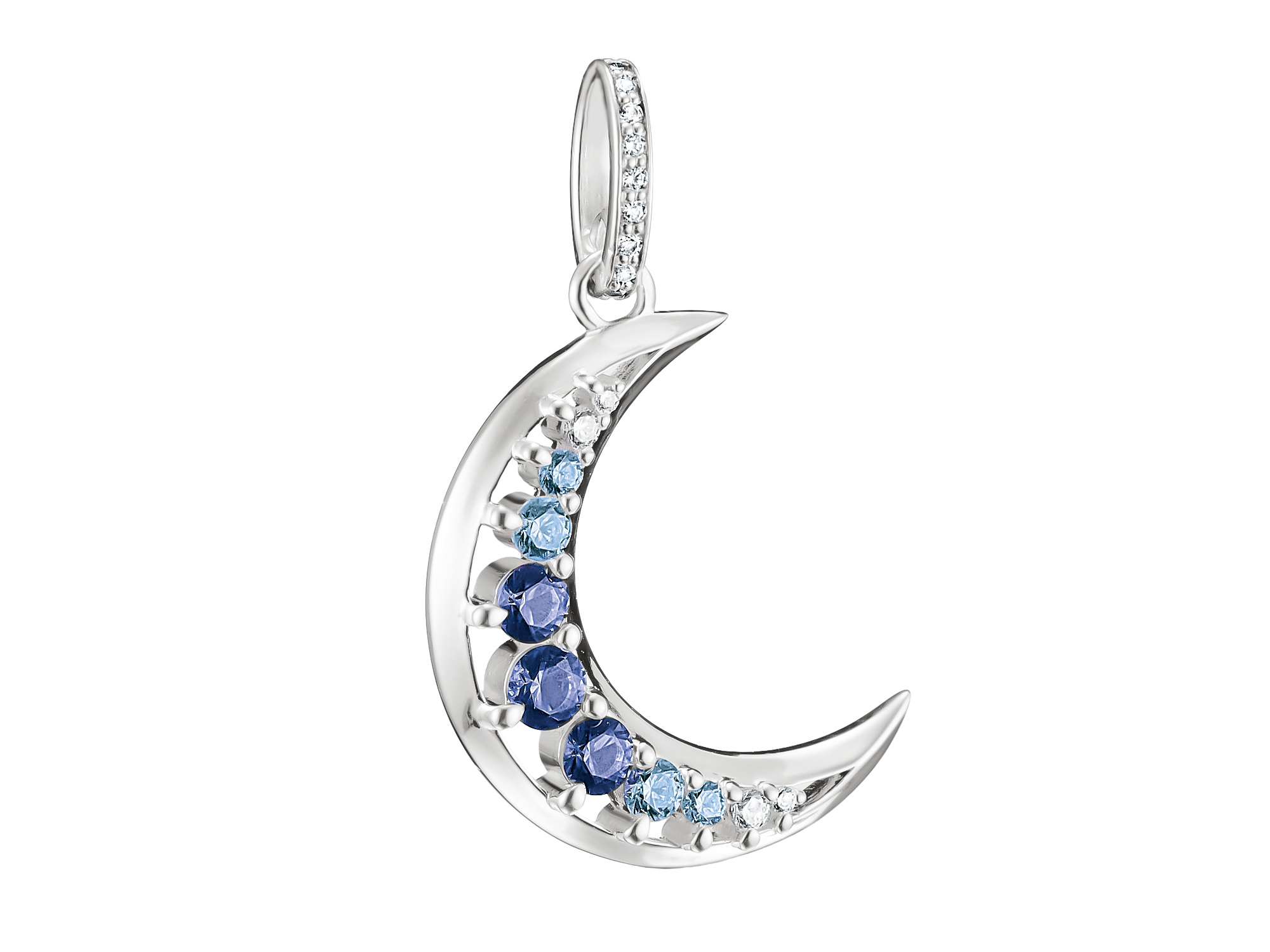 Thomas Sabo Midnight Sky Anhänger in Form eines Monds aus 925 Sterling Silber besetzt mit Zirkonia und nanokristallblauen Elementen. Elegant und strahlend für jeden Anlass.