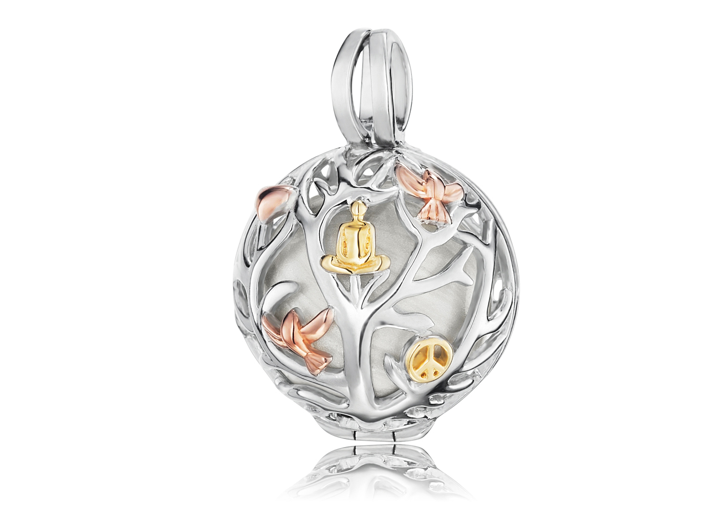 Engelsrufer ER-20-TREE-M-TRICO LEBENSBAUM Klangkugel Anhänger aus Perlmutt in Weiß mit filigranem Baumdesign in Tricolor, verziert mit einer goldenen Glocke und rosa Elements.