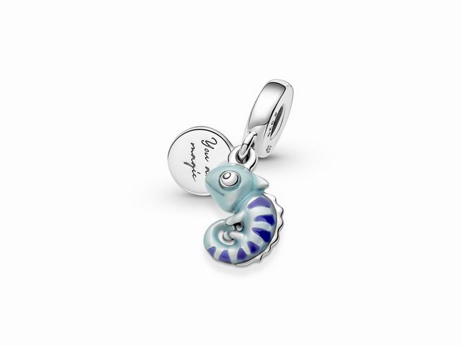 Farbwechselndes Chamäleon Charm-Anhänger von Pandora aus Sterling Silber und Emaille, in bunten Farben mit einem detaillierten design und einer Anhängerschlaufe.