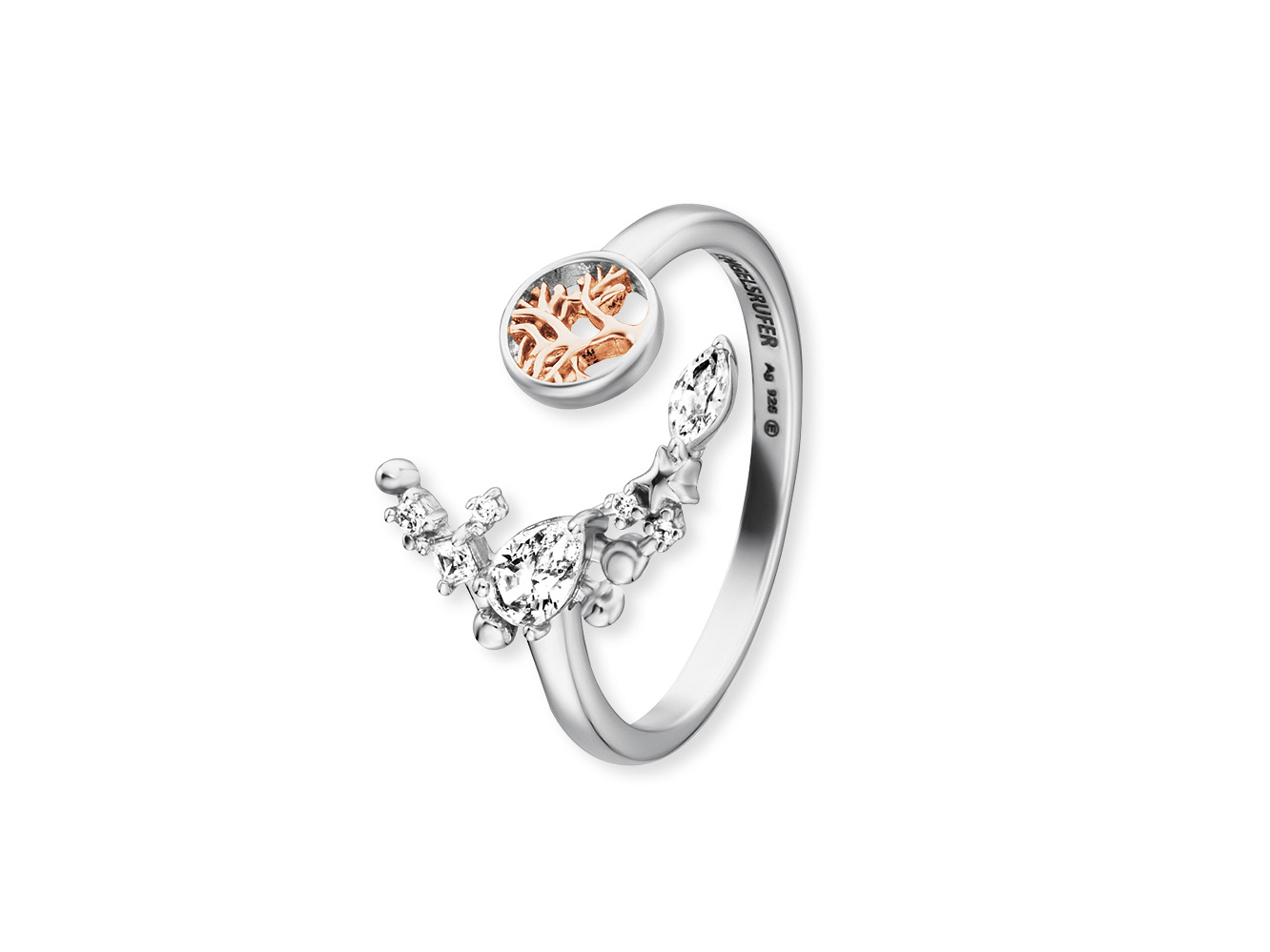 Engelsrufer ERR-LILMOON-TREE-BI Lebensbaum Ring Moonlight Bicolor aus roségoldveredelt auf Silber, verziert mit funkelnden Zirkonia, zeigt ein elegantes und modernes Design.