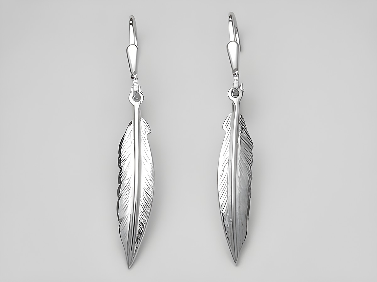 Silber Ohrringe in Form von Federn aus Sterling Silber, natürliche Hänger ohne Stein, hergestellt von Juwelier Harnisch, elegantes und leichtes Design.