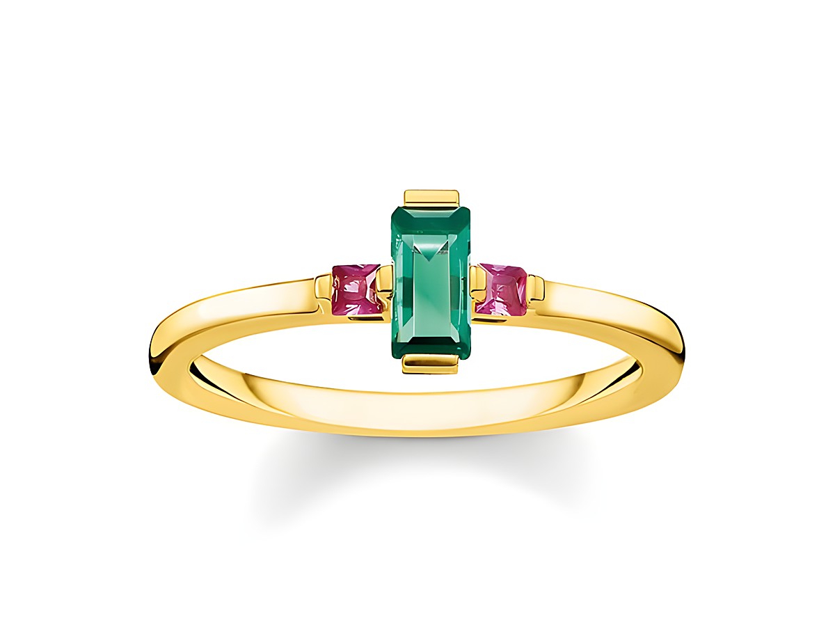 Ring aus Sterling Silber in vergoldeter Ausführung mit einem zentralen mehrfarbigen Glas-Keramik Stein und synth. Korund, Größe 50 von Thomas Sabo.