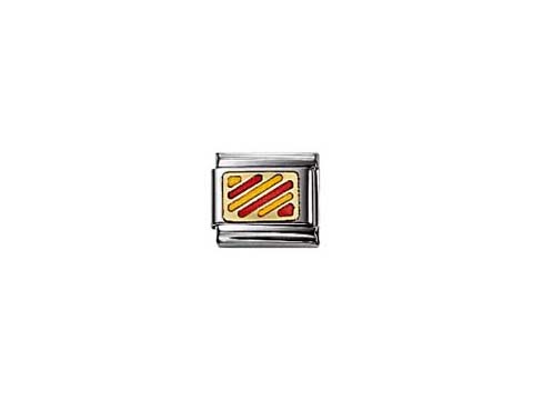 Ein Medaillon aus Edelstahl mit einem nautischen Motiv. Es zeigt rote und gelbe Linien auf einer weißen Fläche, eingefasst in einem silbernen Rahmen. Ideal für maritime Themen.