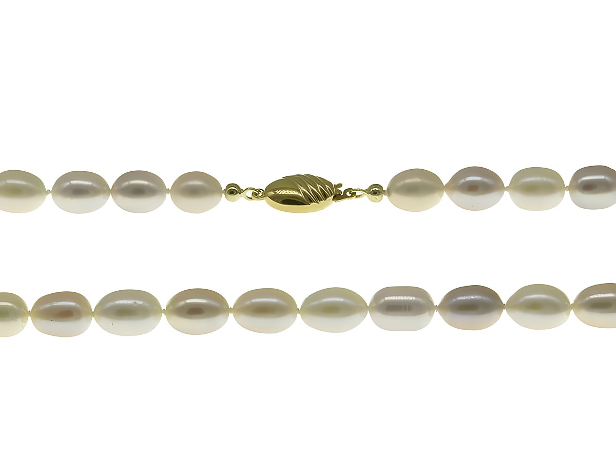 Perlenkette aus Süßwasser-Zuchtperlen in ovaler Form, Größe 8 x 11 mm, mehrfarbig, 46 cm lang, mit Verschluss aus Gold 585, hergestellt von Juwelier Harnisch, bunt.