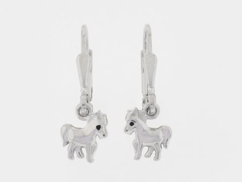 Silber Ohrringe in Form von niedlichen Fohlen, rhodiniert, geeignet für Kinder. Hersteller: Juwelier Harnisch. Perfekte Schmuckstücke für kleine Pferdefreunde.