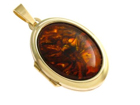Perlmutt Cabochon in ovaler Form, umgeben von Gold 333 Medaillon, bronzefarben. Hersteller Juwelier Harnisch, elegantes Schmuckstück für besondere Anlässe.