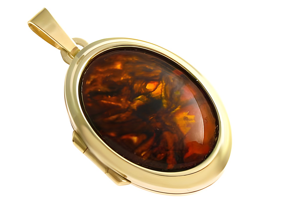 Perlmutt Cabochon in ovaler Form, umgeben von Gold 333 Medaillon, bronzefarben. Hersteller Juwelier Harnisch, elegantes Schmuckstück für besondere Anlässe.
