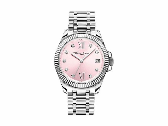 Thomas Sabo Damenuhr WA0401-201-204-33 MM aus Edelstahl mit pinkem Ziffernblatt und glänzenden Akzenten, elegantes Design mit Datumsanzeige und robustem Armband.