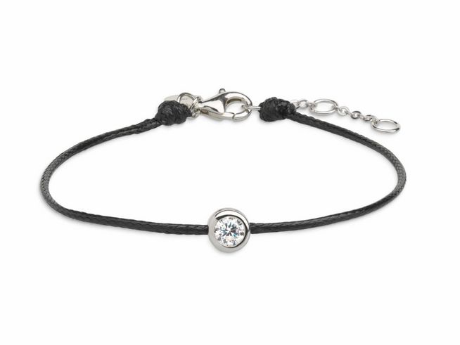 Xenox Sterling Silber Armband XS7321 mit schwarzem Band, verziert mit einem klaren Kristall. Verstellbare Länge von 15 bis 18,5 cm, stilvolles Design von Xenox.