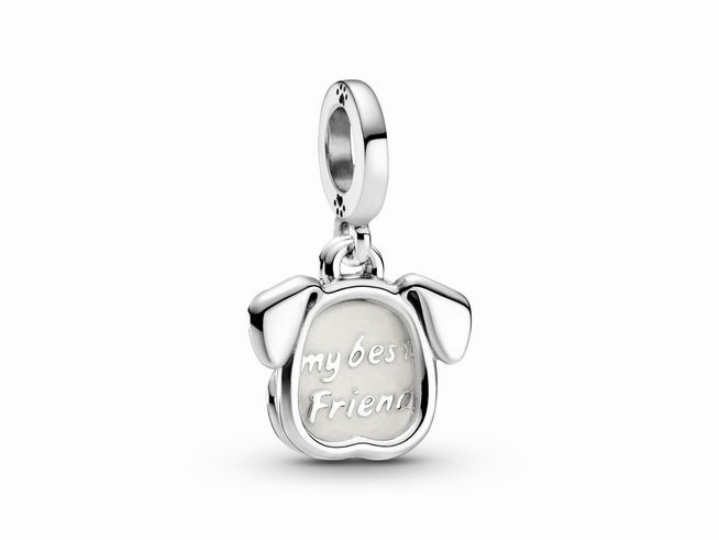 Pandora Charm Anhänger 799327C01 in Form eines Hundes aus Silber mit schimmernder Emaille und der Gravur my best friend, ideal als persönliches Schmuckstück.