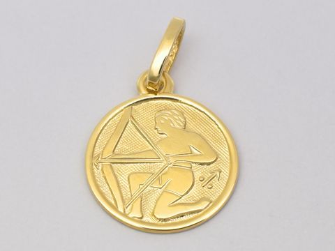 Schütze Gold 585 Sternzeichen Anhänger poliert, 14 mm, zeigt einen Bogenschützen in detailreicher Ausführung, hergestellt von Juwelier Harnisch. Ideal als Schmuckstück für Schützen.