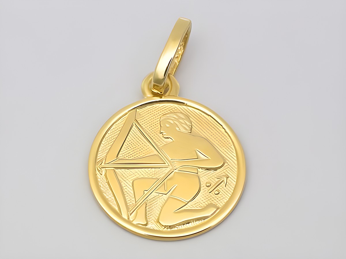 Schütze Gold 585 Sternzeichen Anhänger poliert, 14 mm, zeigt einen Bogenschützen in detailreicher Ausführung, hergestellt von Juwelier Harnisch. Ideal als Schmuckstück für Schützen.