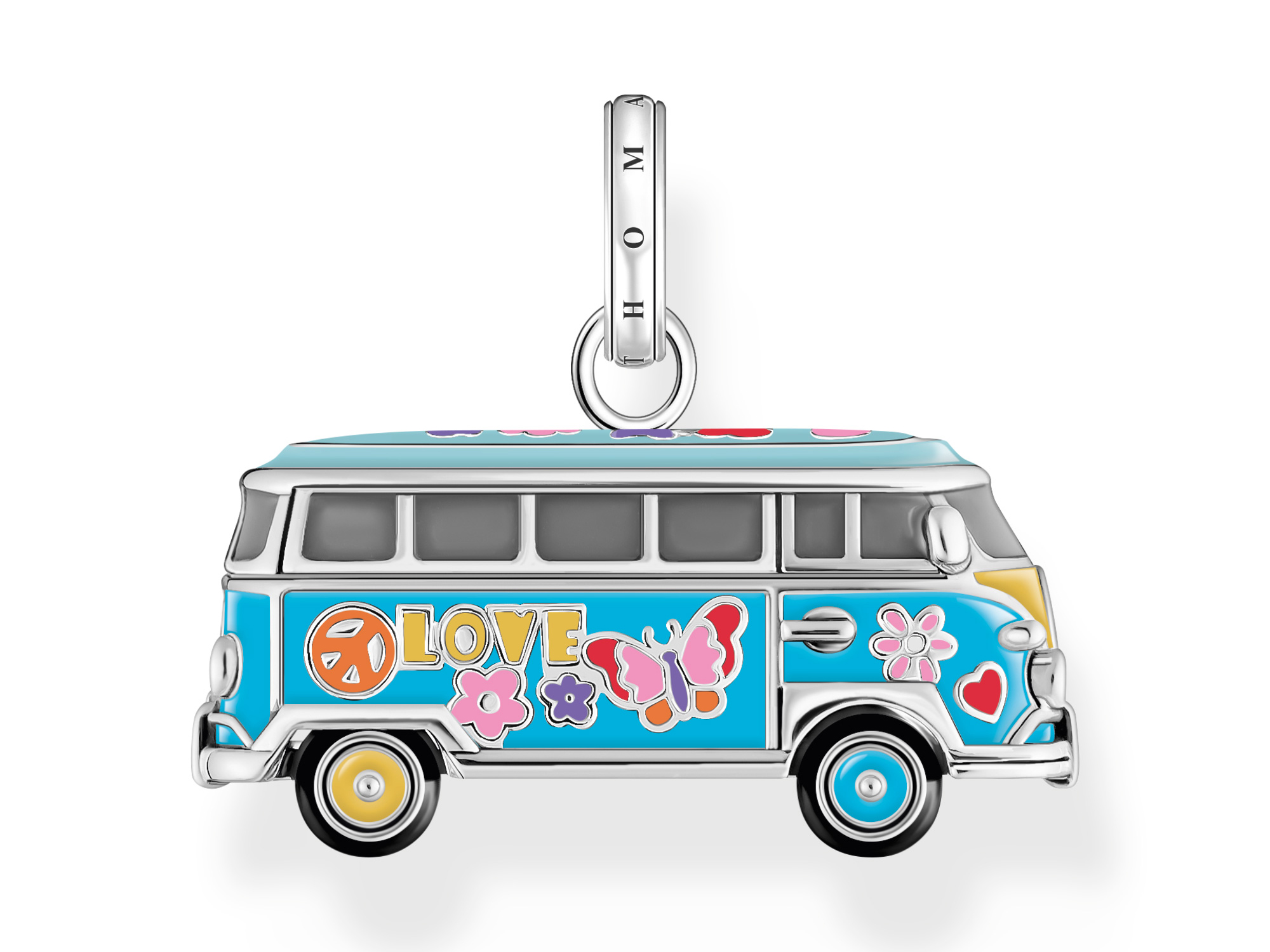 Thomas Sabo Anhänger in Form eines bunten VW Hippie-Busses mit Blumen, Herzen und dem Schriftzug Love, ideal für individuelle Schmuckliebhaber.