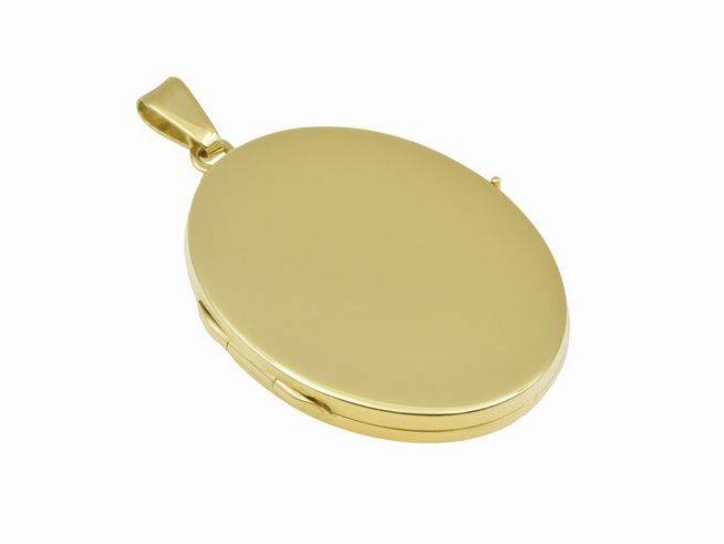 Gold Medaillon in schlichter Eleganz, oval, 35,5 mm, Gold 750, poliert und mattiert, Hersteller Juwelier Harnisch.