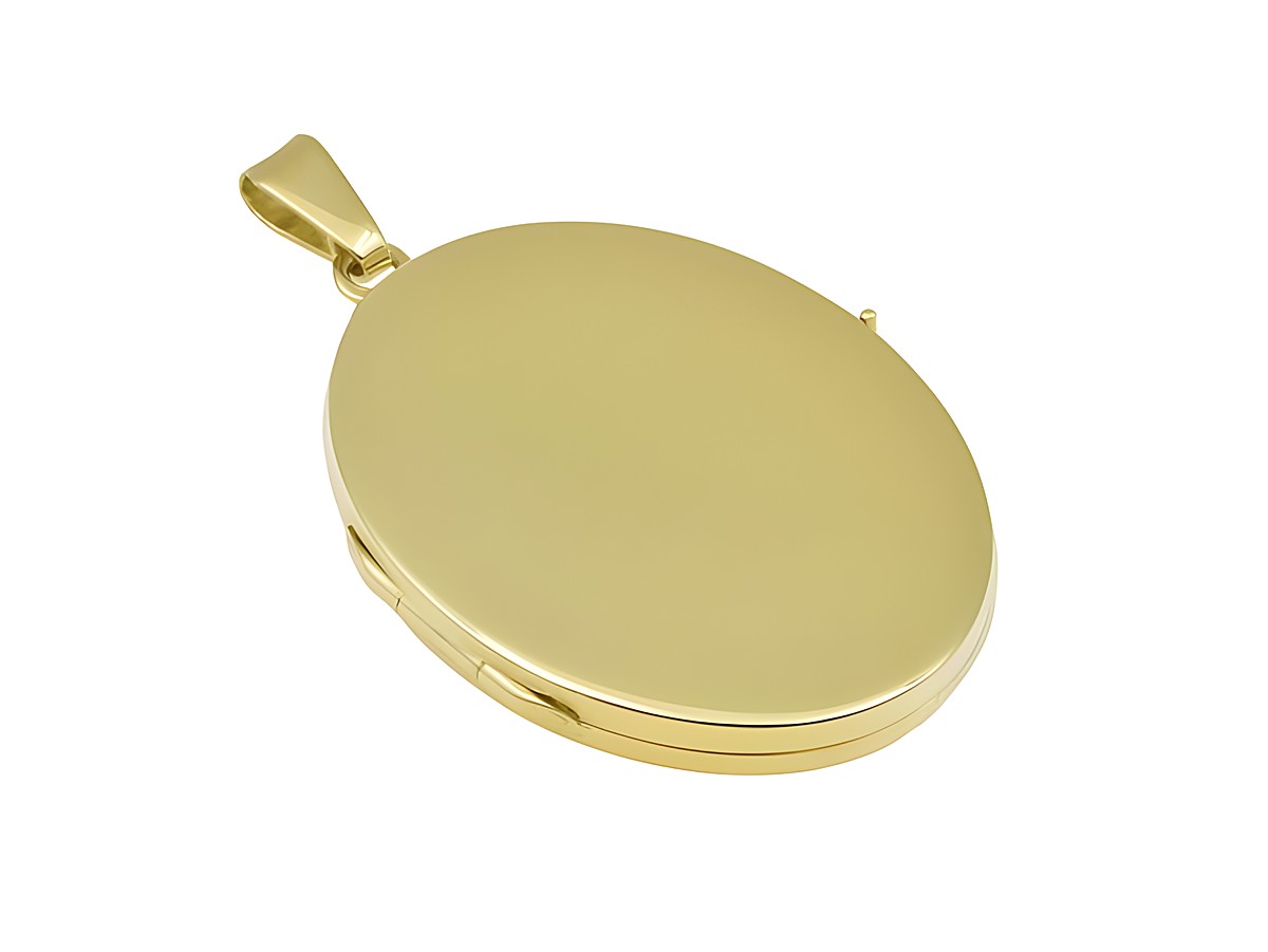 Gold Medaillon in schlichter Eleganz, oval, 35,5 mm, Gold 750, poliert und mattiert, Hersteller Juwelier Harnisch.