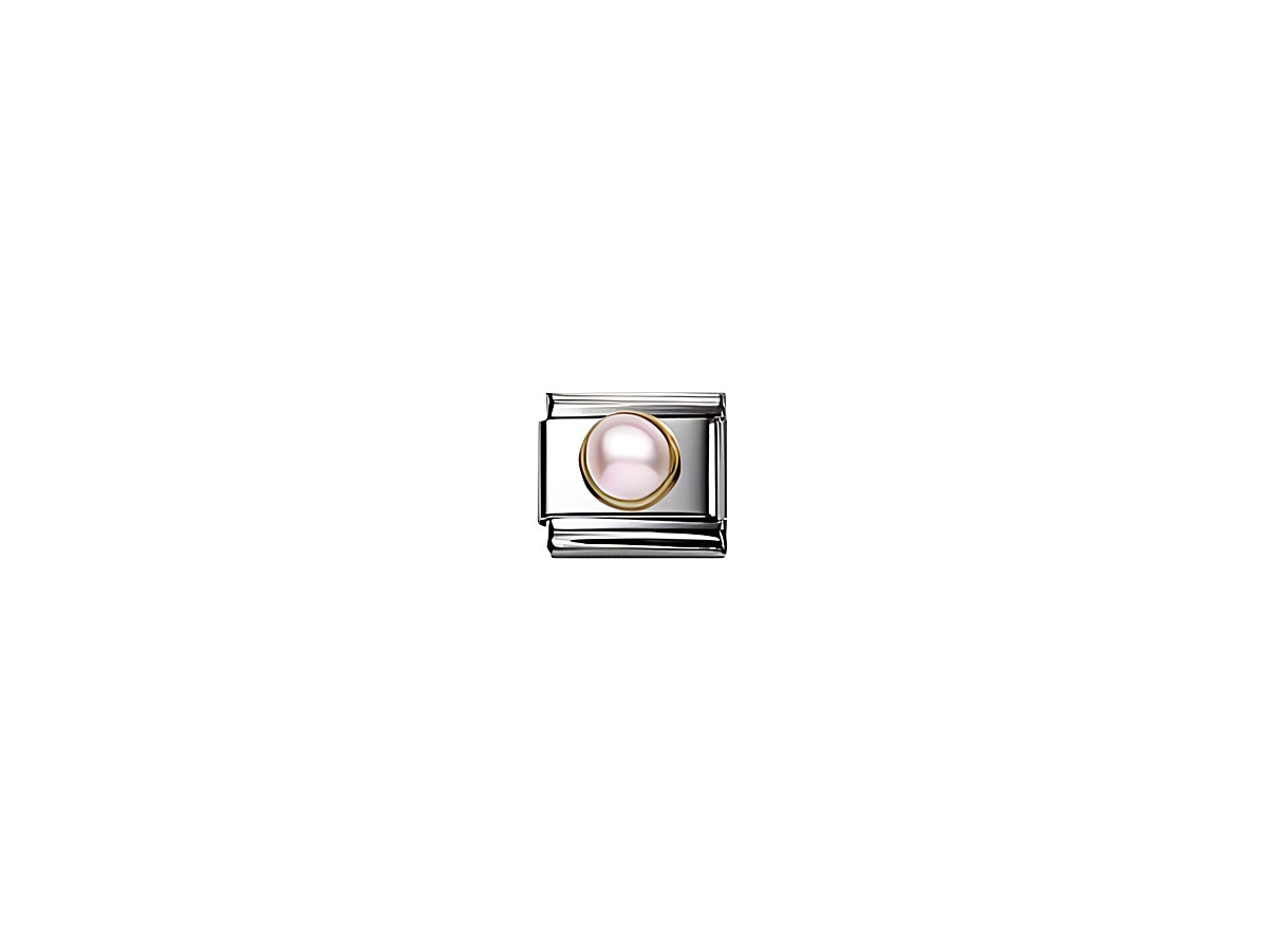Runde NOMINATION Classic Steine Perle Rosa 030503 15 mit einem zarten rosa Farbton und einem goldenen Rahmen, ideal für ein elegantes Armband.