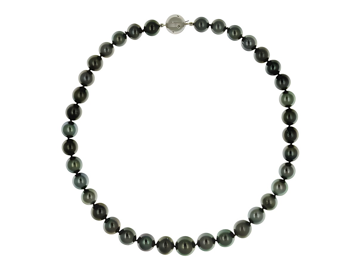Perlenkette mit Tahiti-Perlen in Grau und Grün, Durchmesser 10,5-13 mm, Länge 45 cm, gefertigt vom Juwelier Harnisch, elegantes und buntes Schmuckstück. – Ansicht 3