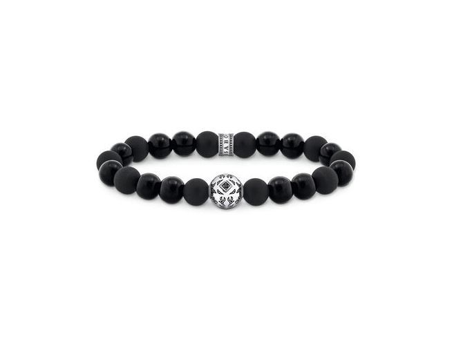 Schwarzes Armband aus mattierten und glänzenden Obsidian-Perlen mit silbernem Zirkonia-Element, ideal für Handgelenke bis 16 cm, von Thomas Sabo.