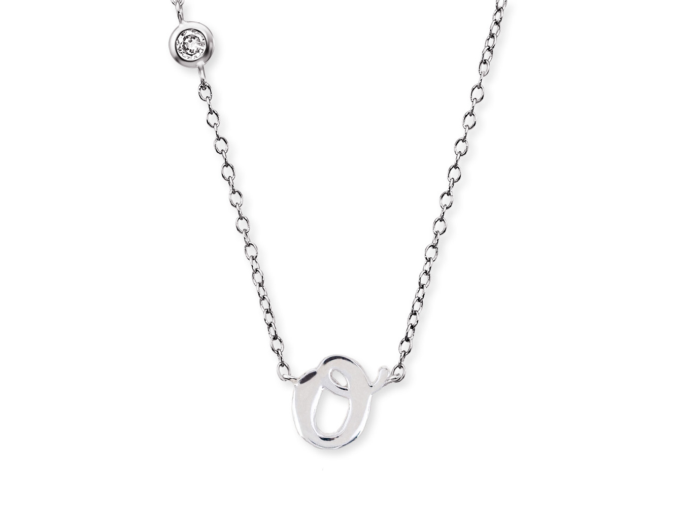 Silberne Kette von Engelsrufer mit dem Buchstaben O als Anhänger, verziert mit einem Zirkonia, rhodiniert, eine Länge von 40 cm, elegantes Design für jeden Anlass.