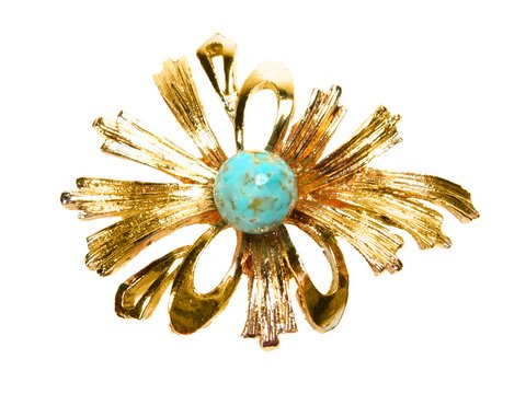 Vergoldete Brosche -City- 43x33mm mit einer Blume in Türkis Imitation im Zentrum, Hersteller: Juwelier Harnisch, Broschen im Türkis-Look.