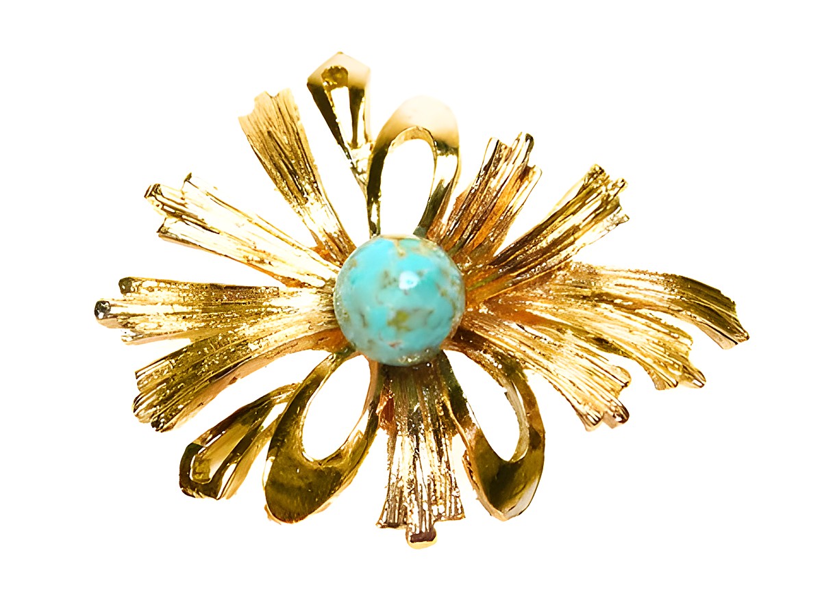 Vergoldete Brosche -City- 43x33mm mit einer Blume in Türkis Imitation im Zentrum, Hersteller: Juwelier Harnisch, Broschen im Türkis-Look.